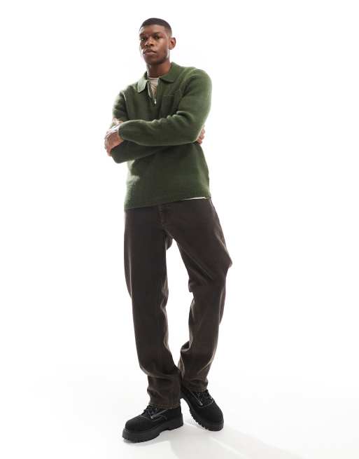 New Look brushed knit 1/4 zip polo shirt in dark green, 3 of 4