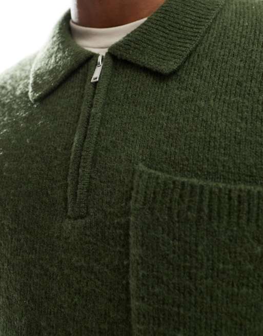 New Look brushed knit 1/4 zip polo shirt in dark green, 4 of 4