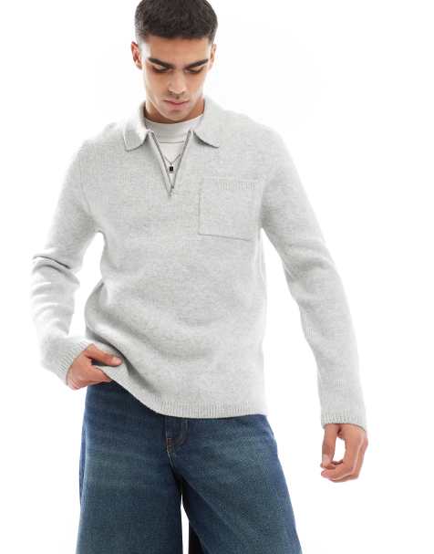 New Look brushed knit zip polo in grey marl - view 1