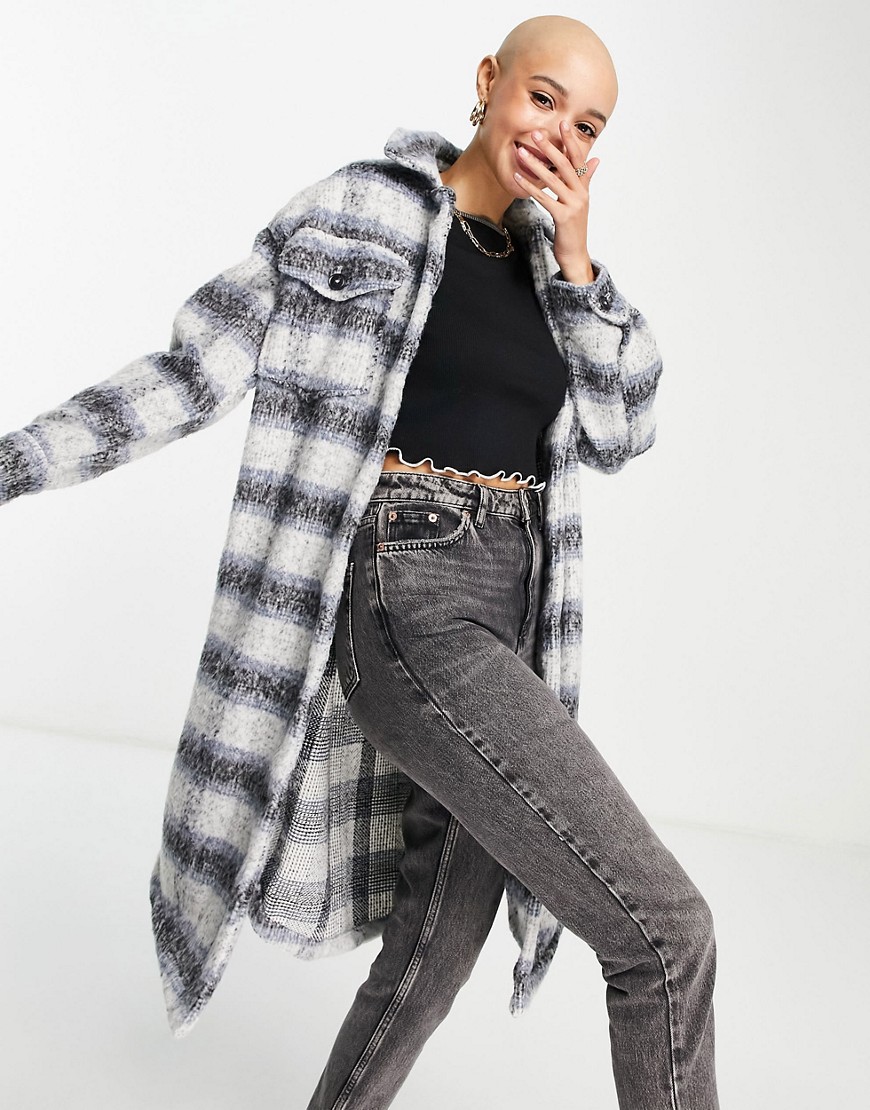 New Look brushed midi check shacket in blue check-Grey