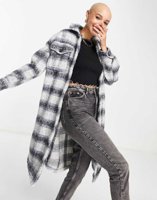 New Look brushed midi check shacket in blue check | ASOS