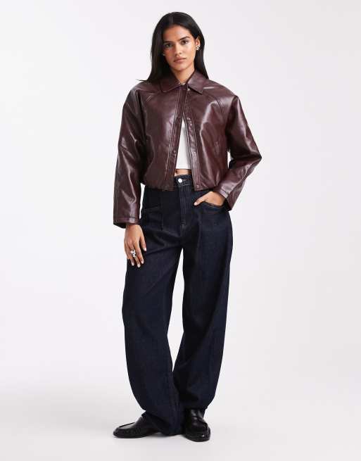 New Look bubble hem faux-leather jacket in burgundy, 2 of 4