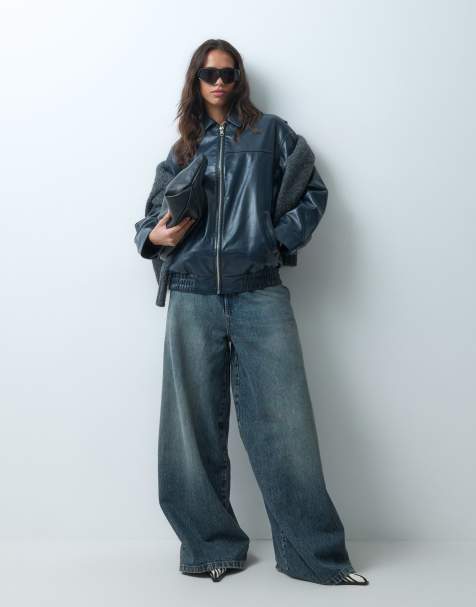 New Look bubble hem faux leather jacket in navy - view 1