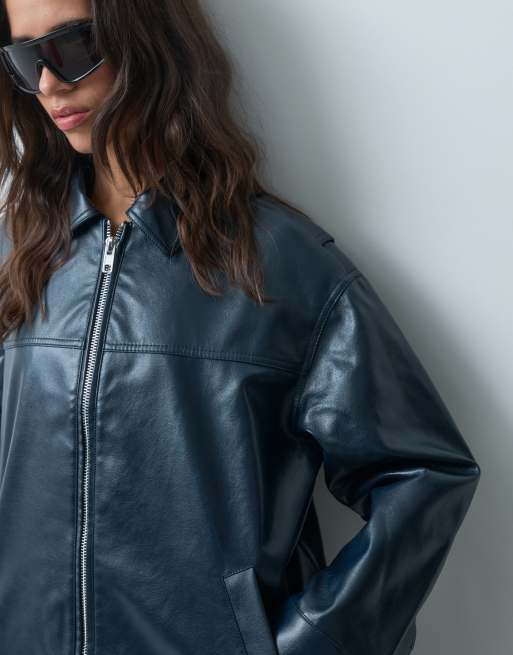 New Look bubble hem faux leather jacket in navy, 2 of 5