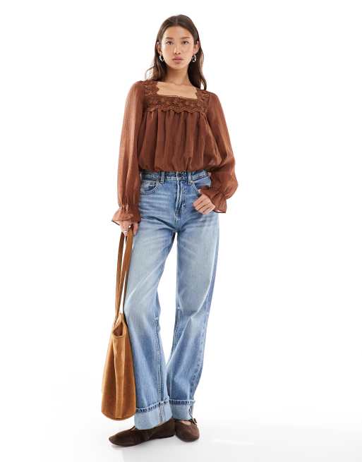 New Look bubble hem lace blouse in mink, 2 of 4