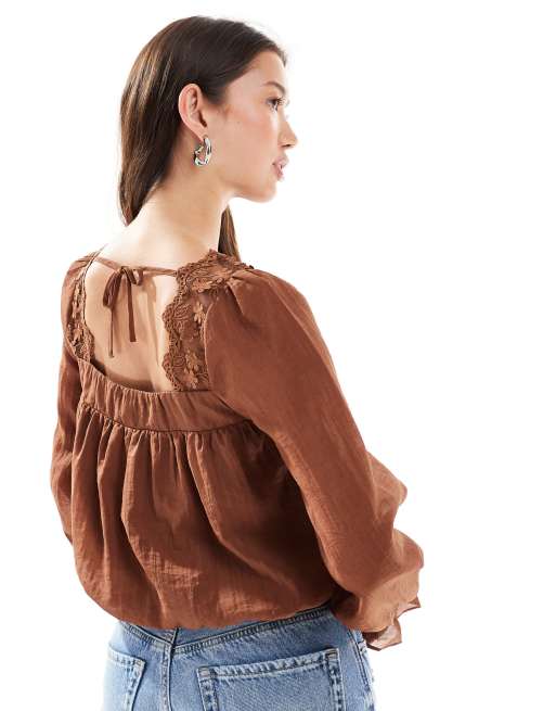 New Look bubble hem lace blouse in mink, 3 of 4