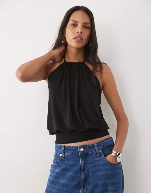 New Look bubble waistband halterneck top in black, 3 of 4