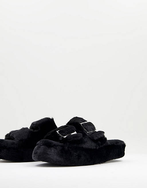 New Look buckle double strap fluffy slider slipper in black
