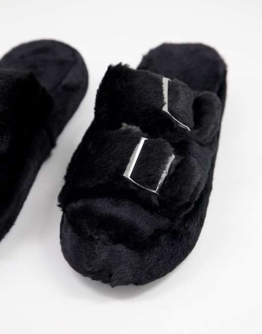 New Look buckle double strap fluffy slider slipper in black ASOS