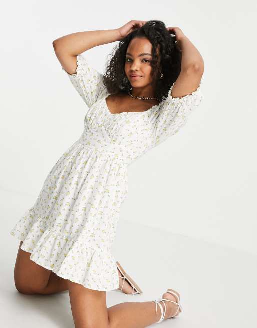 New Look bust detail tiered mini dress in lemon print ASOS