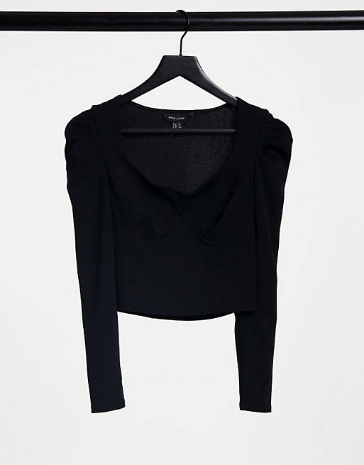 New Look bust seam detail top with ruched sleeve in black