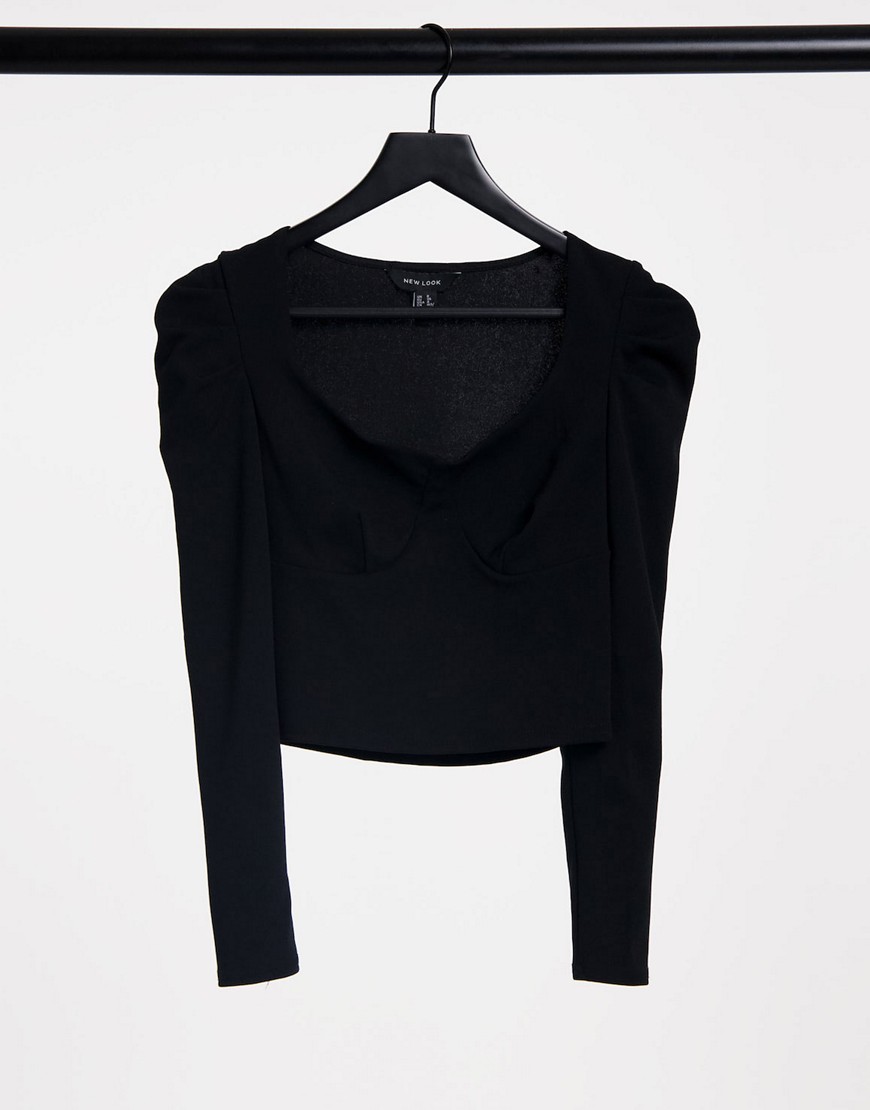 New Look bust seam detail top with ruched sleeves in black