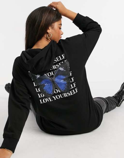 New Look butterfly print longline oversized hoodie in black