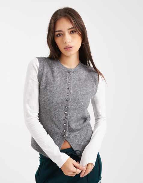 New Look button crew neck knitted waistcoat in grey - view 1