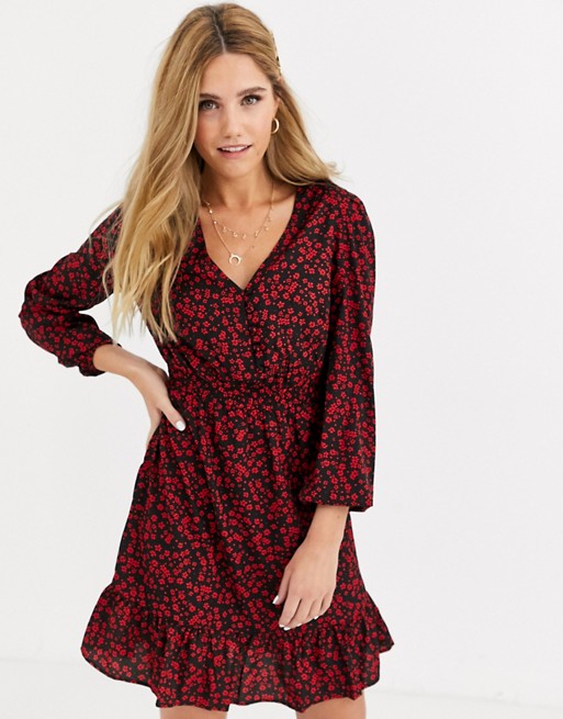 New Look button detail mini dress in red ditsy floral