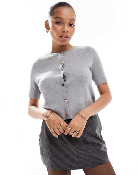 New Look button down half sleeve cardigan in grey - view 1