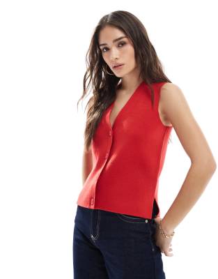 New Look New Look button down knitted waistcoat in bright red