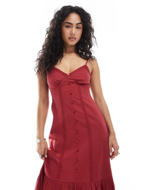New Look button down midi dress in burgundy, 3 of 4