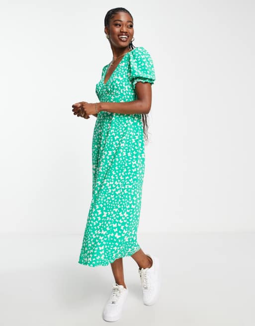 New Look button down midi tea dress in green pattern