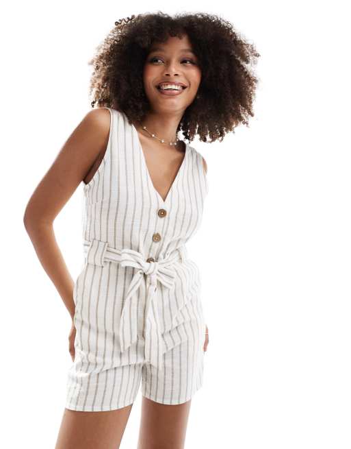 New Look button down playsuit in brown stripe