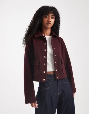 New Look Button Down Shacket In Burgundy