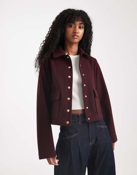 New Look button down shacket in burgundy - view 1