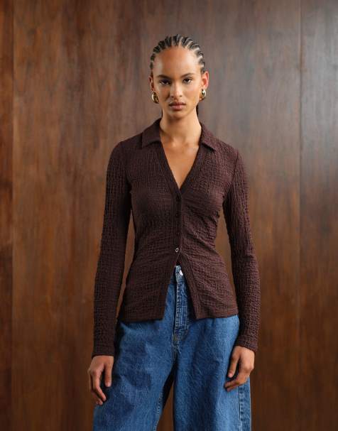 New Look button down texture top in brown - view 1