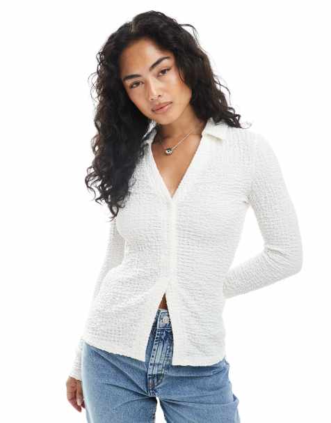 New Look button down texture top in cream - view 1