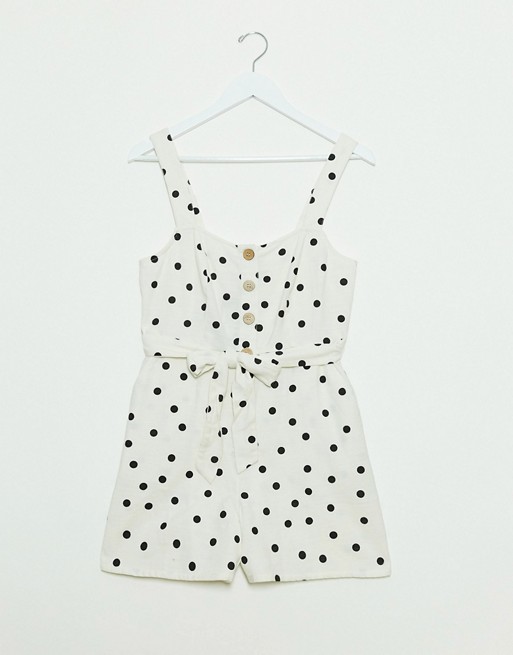 New Look button down tie waist playsuit in white based polka dot