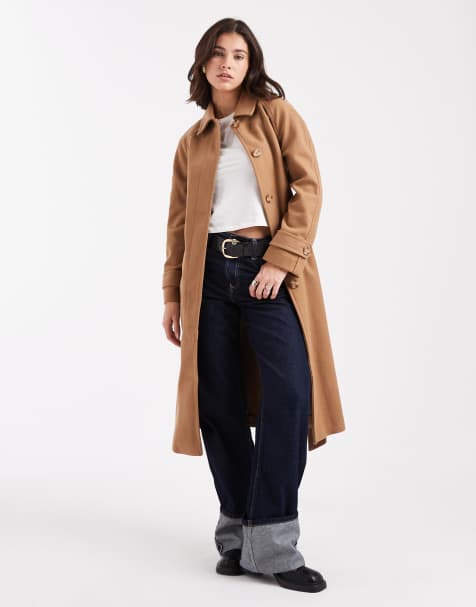New Look button front belted coat in tan - view 1