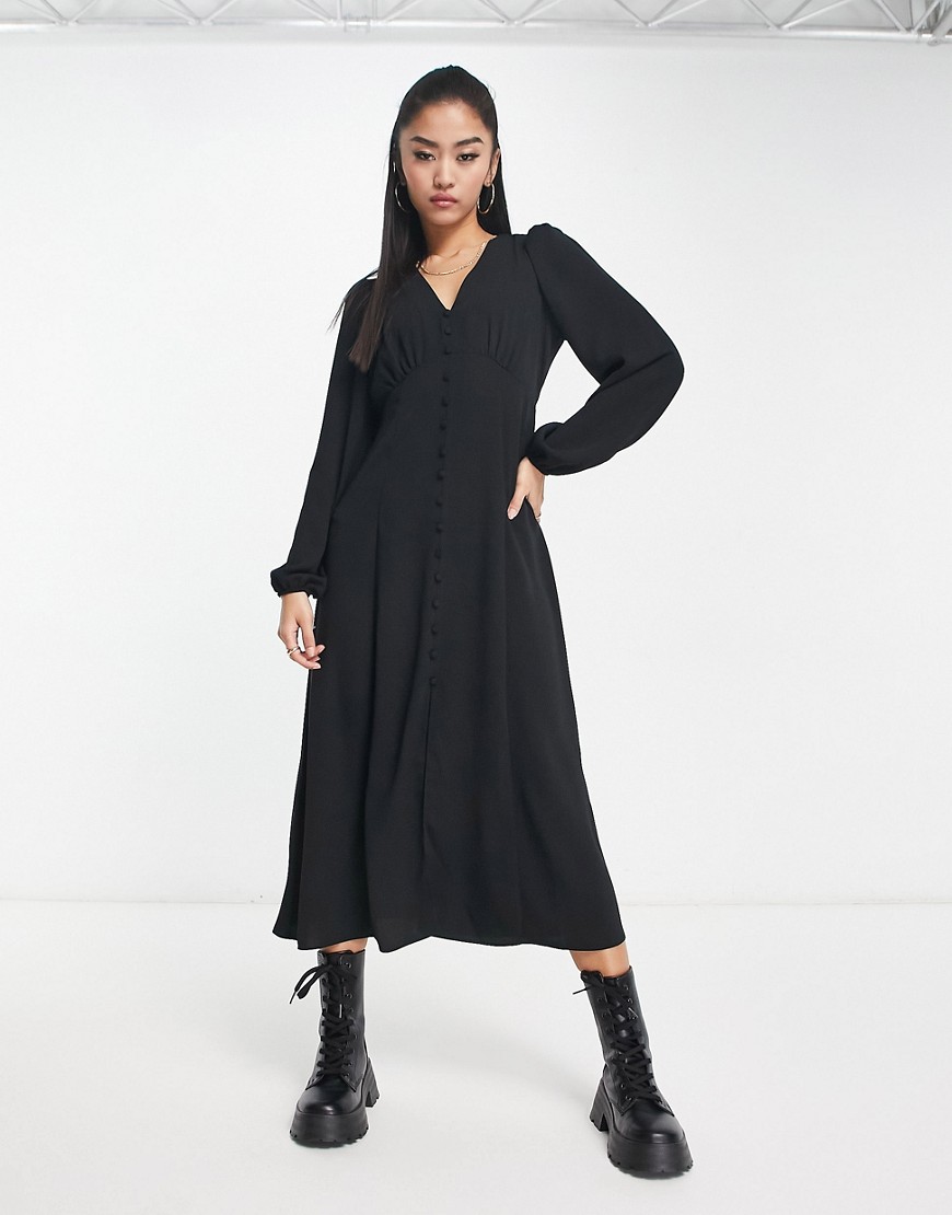 New Look Button Front Long Sleeve Tea Dress In Black