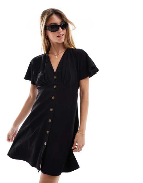 New Look button front mini dress in black linen - view 1