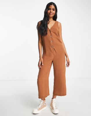 New Look Button Front Relaxed Cropped Jumpsuit In Brown