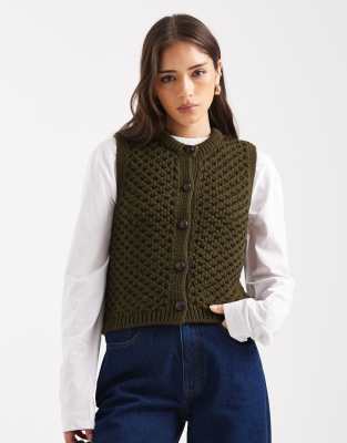 New Look Button Knit Vest In Green