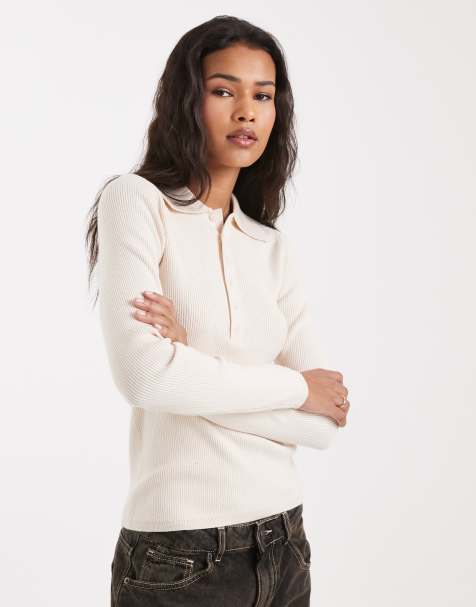 New Look button polo knitted top in cream
