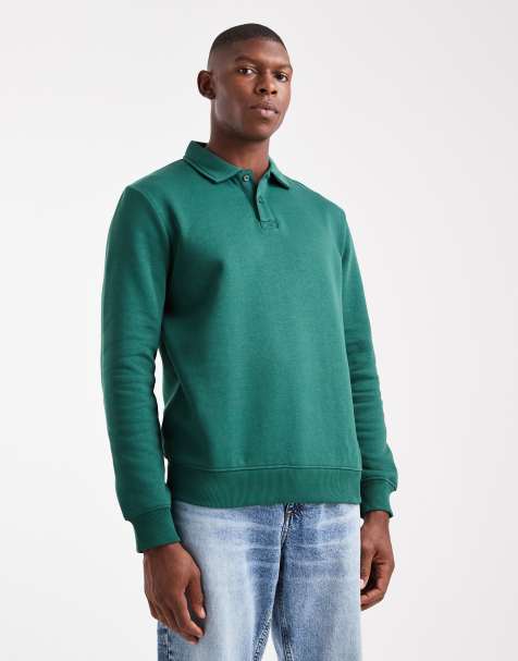 New Look button rugby polo sweatshirt in dark green - view 1