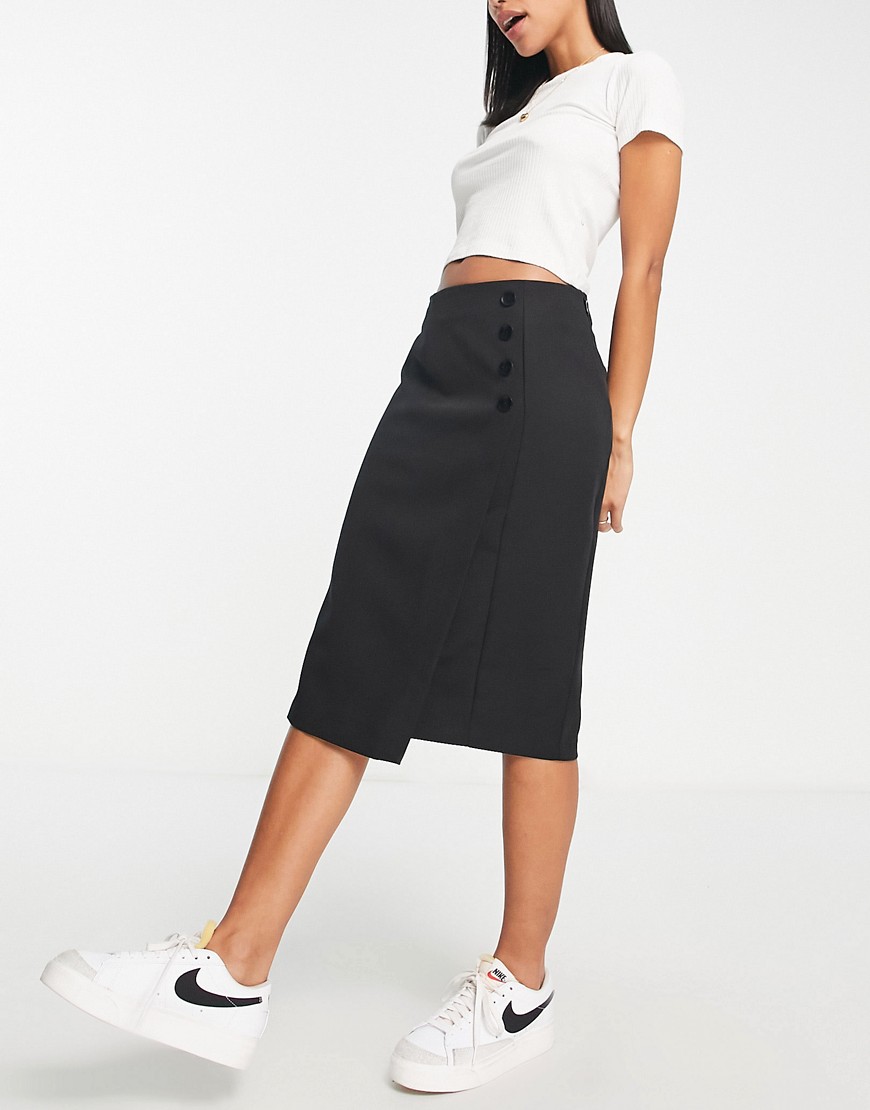 New Look button side pencil midi skirt in black