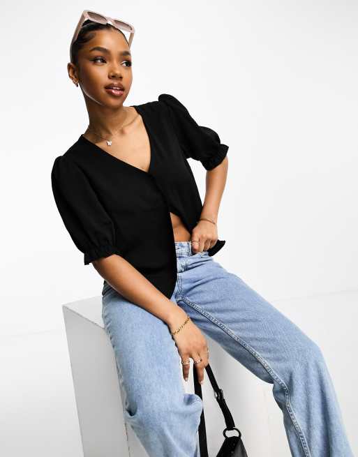 New Look button through blouse in black