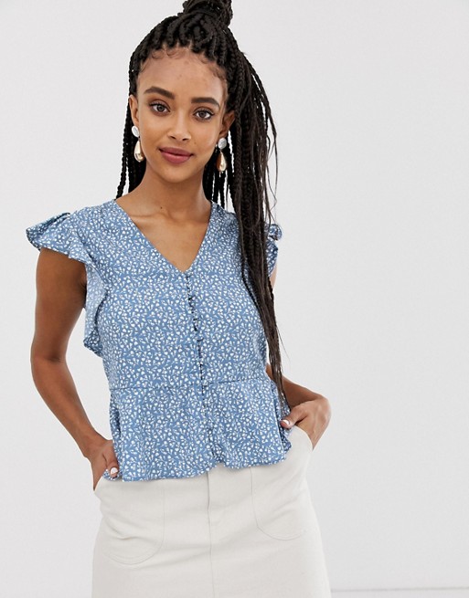 New Look button through blouse in blue ditsy print