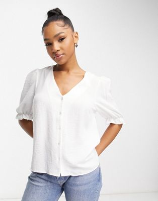 New Look button through blouse in white - ASOS Price Checker