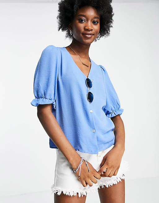 New Look button through blouse with sleeve detail in blue