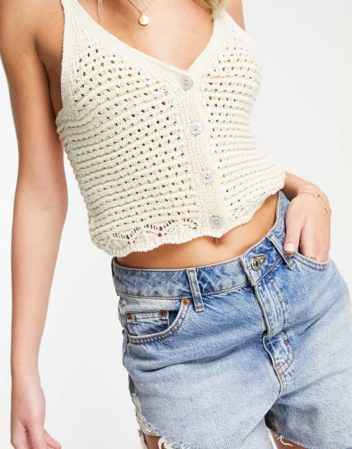 New Look button through crochet vest in cream | ASOS