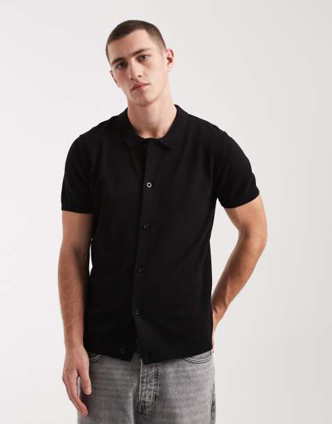 New Look button through knitted polo top in black - view 1