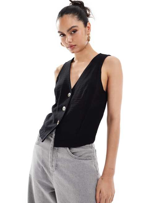 New Look button through linen look waistcoat in black