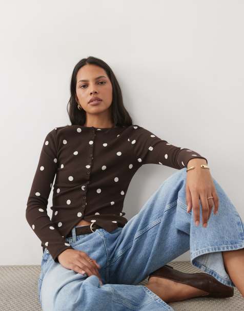 New Look button through long sleeve top in brown polka dot - view 1