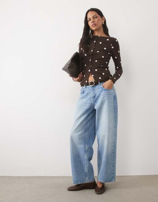 New Look button through long sleeve top in brown polka dot, 2 of 4