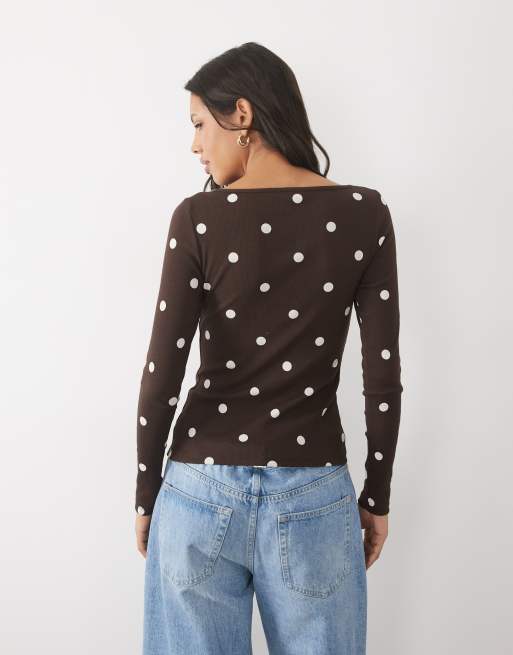 New Look button through long sleeve top in brown polka dot, 4 of 4