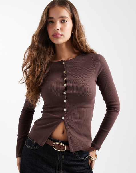 New Look button through long sleeve top in brown - view 1