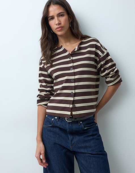 New Look button through long sleeved top co-ord in brown & yellow stripe - view 1