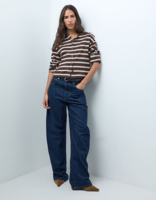 New Look button through long sleeved top co-ord in brown & yellow stripe, 2 of 4